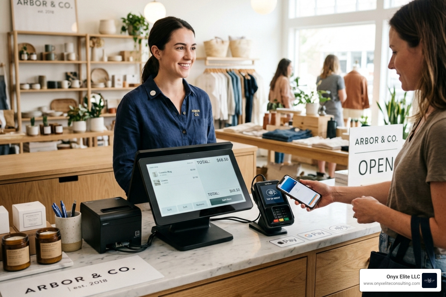 Modern retail counter featuring a sleek touchscreen POS and a contactless card reader - credit card processor for small