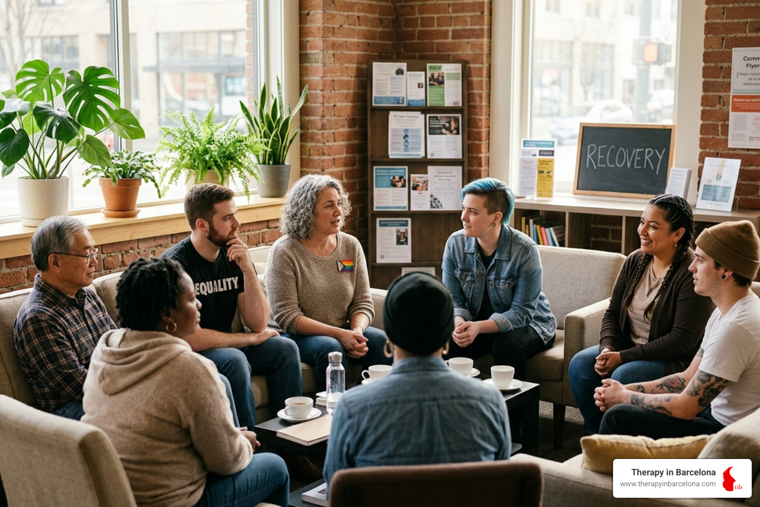 a diverse group of adults sitting in a circle in a bright, airy community space in Madrid, engaged in a supportive