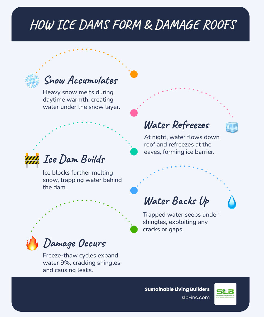 Infographic showing how ice dams form and damage roof shingles during freeze-thaw cycles - post winter roof inspection what