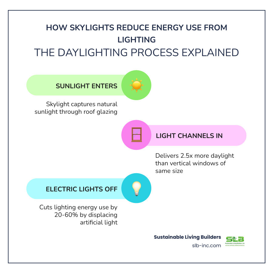 Infographic showing how skylights channel natural daylight into a home, displacing artificial lighting and reducing energy