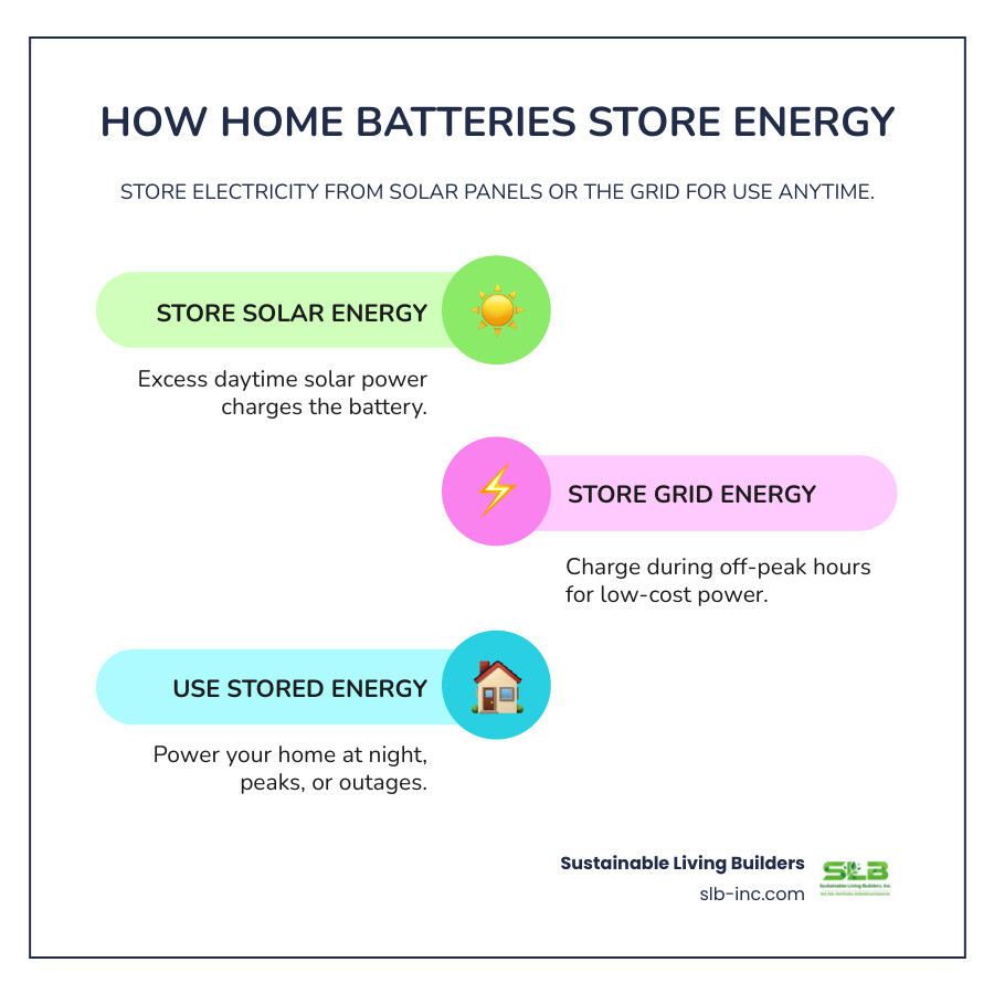 Infographic showing how home batteries store solar and grid energy for backup, peak shaving, and self-consumption - home