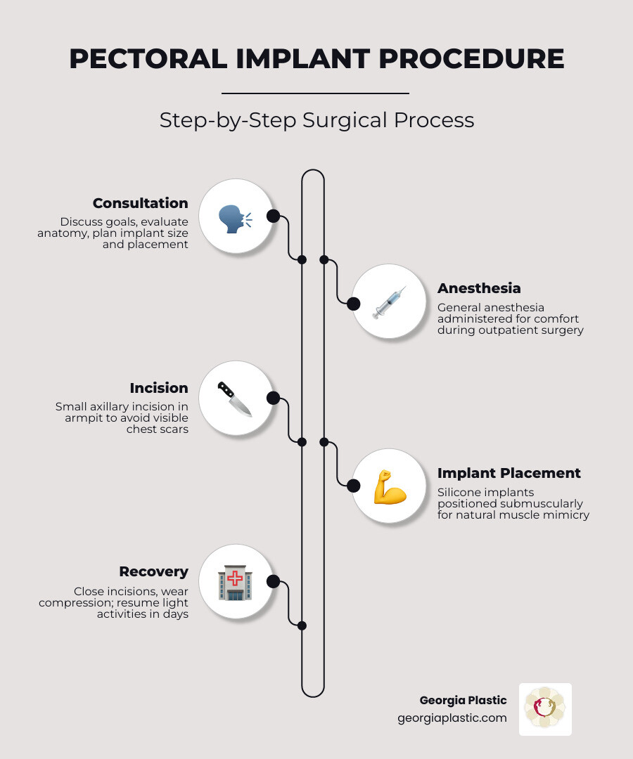 Infographic showing pectoral implant surgery process steps from consultation to recovery - pectoral implants atlanta