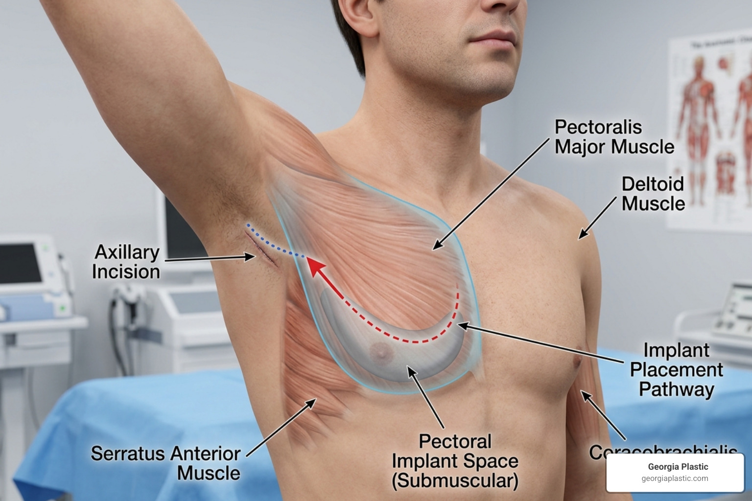 Illustration showing the axillary armpit incision placement for pec implants - pectoral implants atlanta