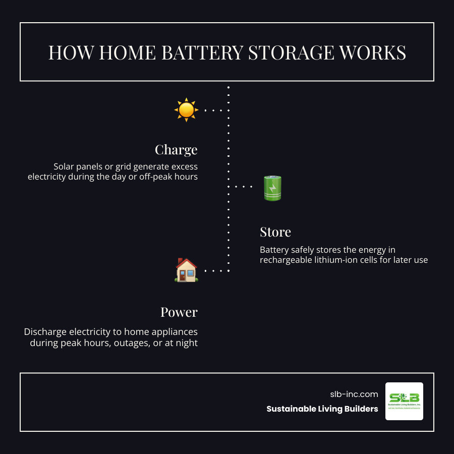 infographic showing energy flow from solar panels through battery storage to home appliances - home battery storage benefits