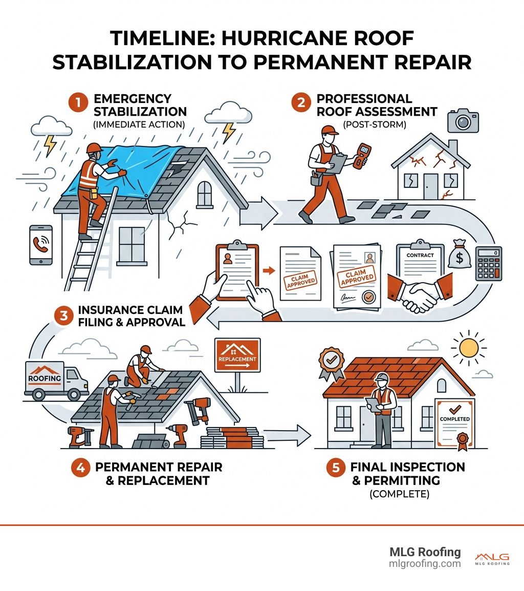 Timeline of emergency roof stabilization to permanent repair process steps - hurricane roof repair Melbourne infographic 