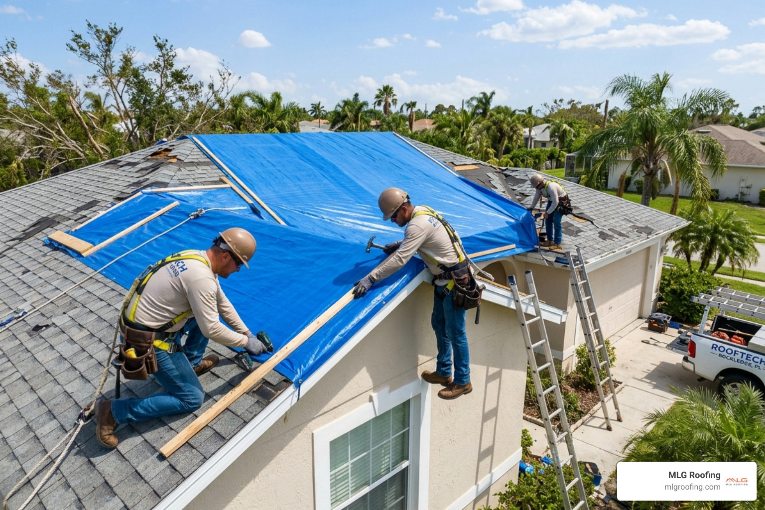 Professional roofers installing a heavy-duty blue tarp on a damaged roof in Rockledge, FL - hurricane roof repair Melbourne