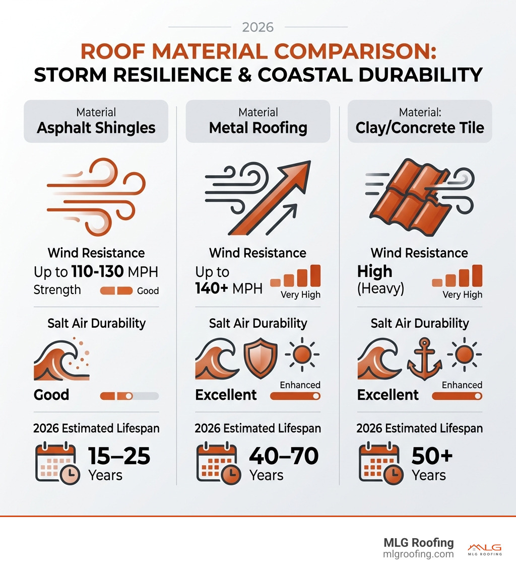 Comparison of roof materials for wind resistance and salt air durability - hurricane roof repair Melbourne infographic 
