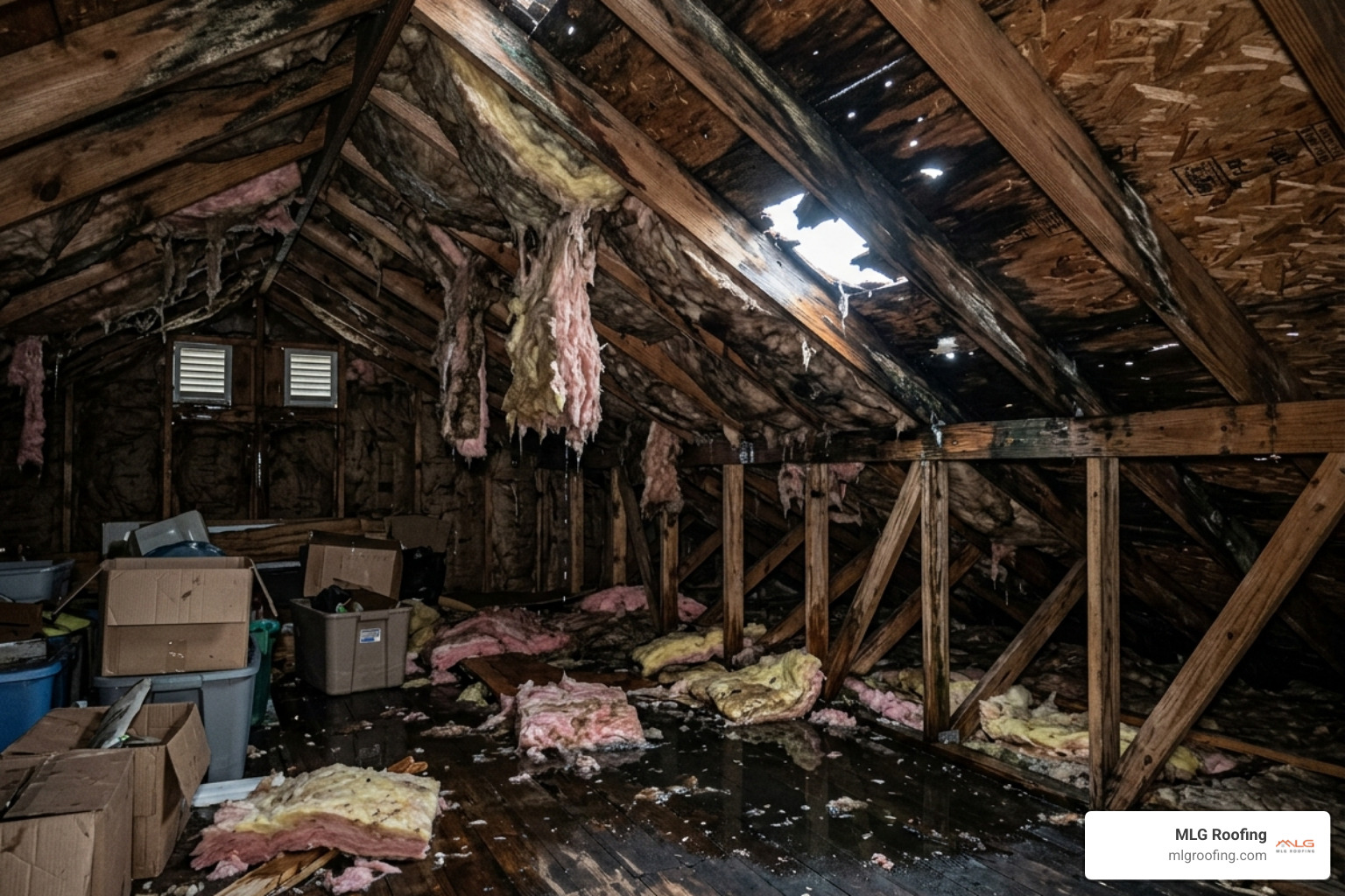 Water intrusion in a Melbourne, FL home attic showing wet insulation - hurricane roof repair Melbourne