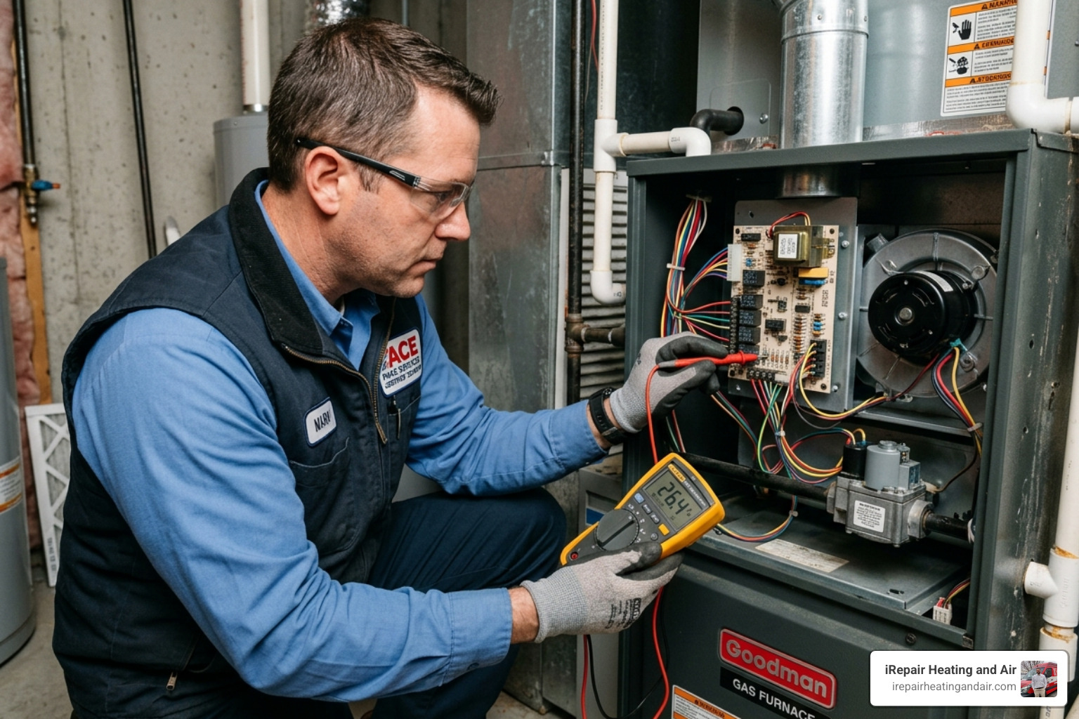 A certified technician using a multimeter to perform a diagnostic test on a furnace control board - emergency HVAC Provo area A certified technician using a multimeter to perform a diagnostic test on a furnace control board - emergency HVAC Provo area