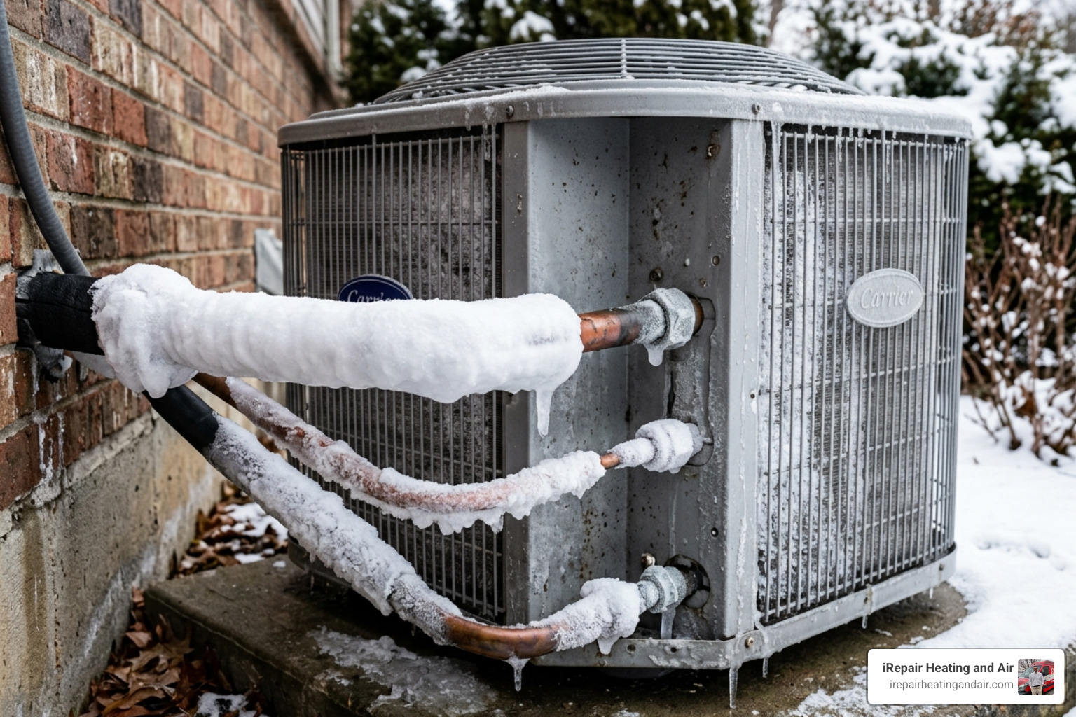 A frozen air conditioning unit showing ice buildup on the copper lines - emergency HVAC Provo area A frozen air conditioning unit showing ice buildup on the copper lines - emergency HVAC Provo area