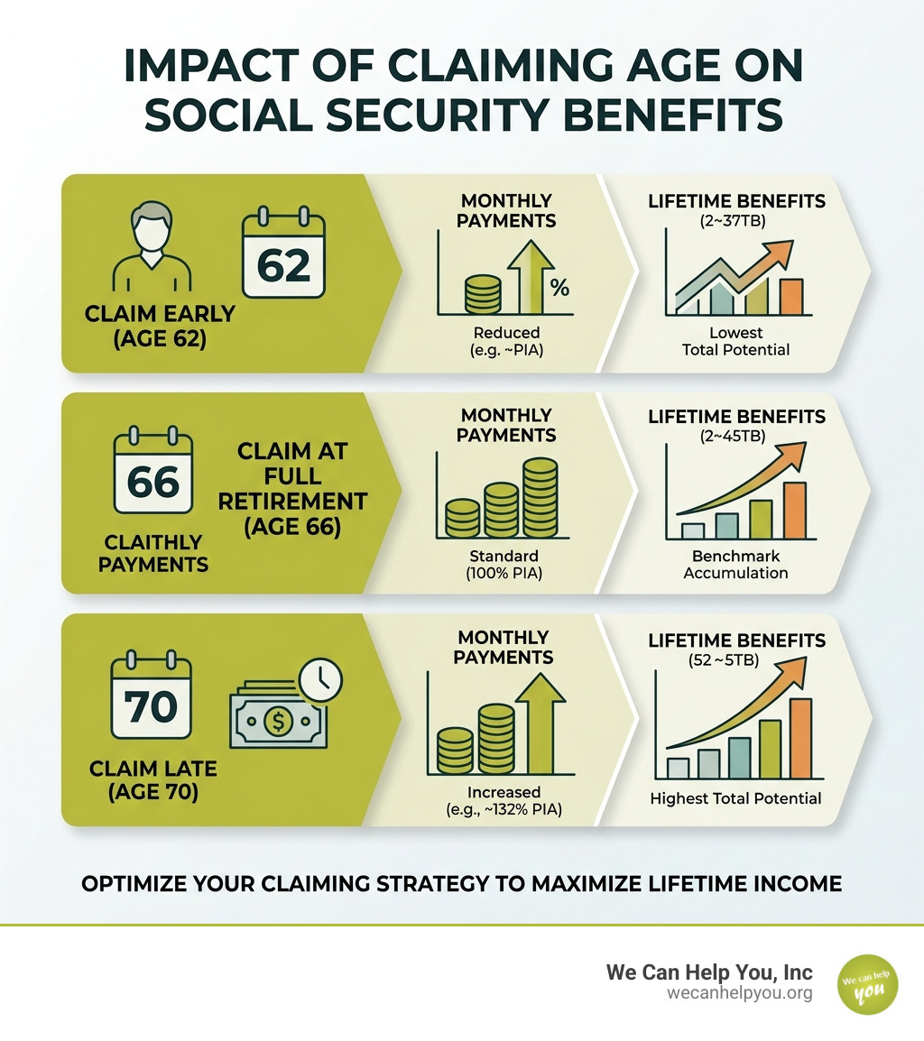 Infographic showing how claiming age at 62 vs 66 vs 70 impacts monthly Social Security payments and lifetime benefits Infographic showing how claiming age at 62 vs 66 vs 70 impacts monthly Social Security payments and lifetime benefits