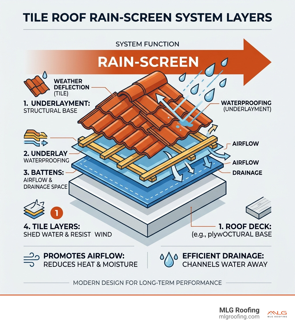 Diagram of tile roof rain-screen system layers: deck, underlayment, battens, tiles - Tile Roofing infographic 
