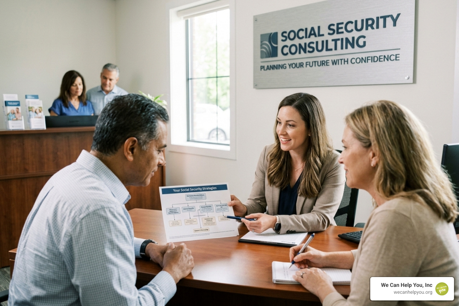 Professional advisor meeting with a couple to discuss retirement income and social security strategies - social security Professional advisor meeting with a couple to discuss retirement income and social security strategies - social security