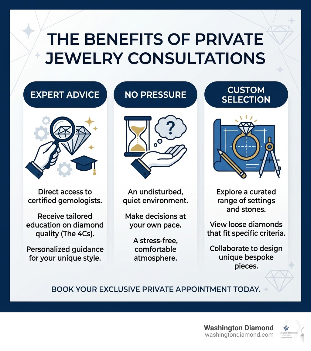 Graphic showing the benefits of private jewelry consultations: expert advice, no pressure, and custom selection - engagement