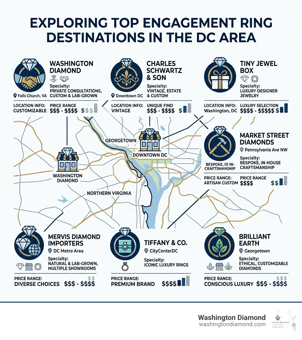 Infographic showing top engagement ring stores in DC with specialties, locations, and price ranges - engagement ring stores