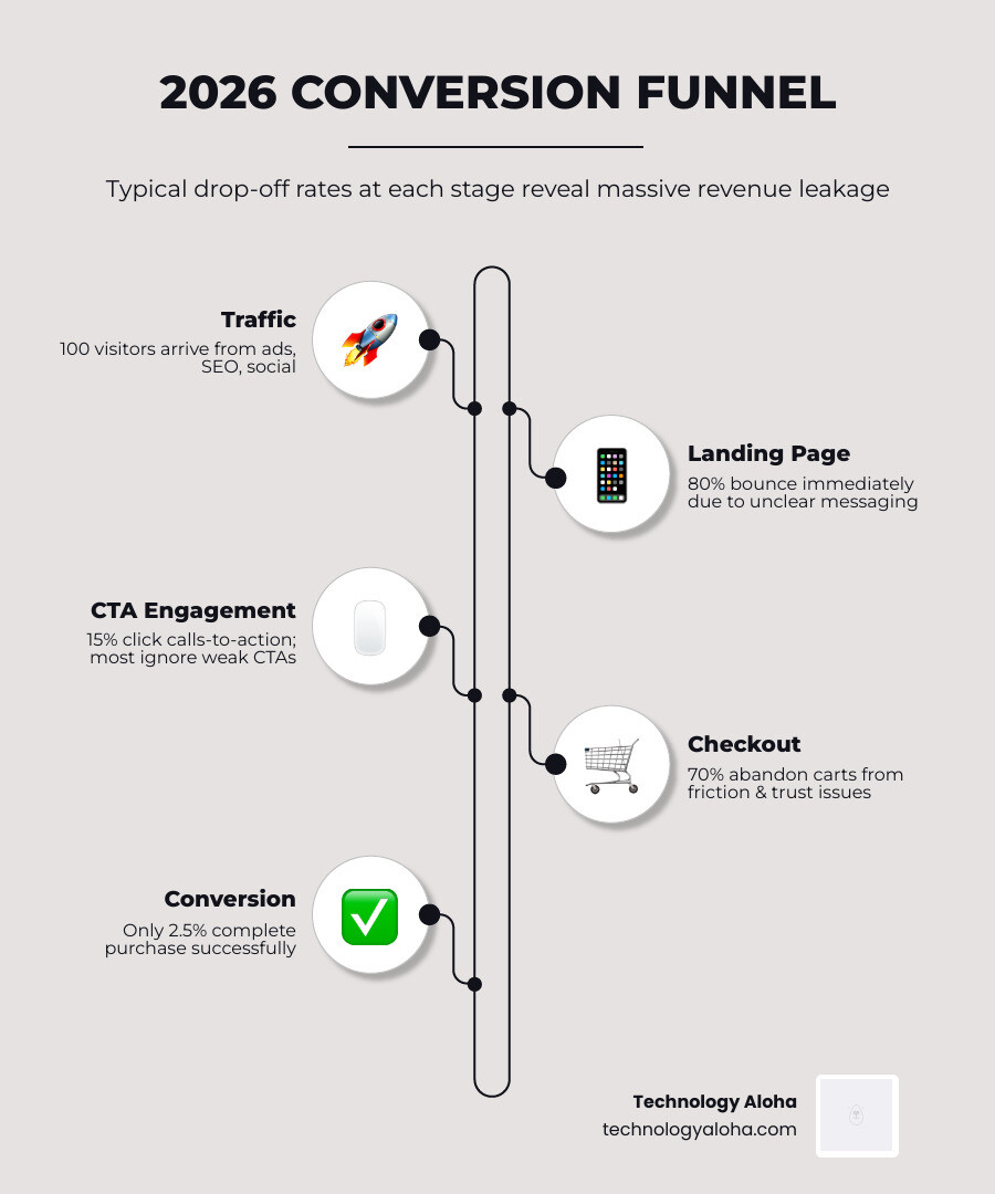 2026 conversion funnel infographic: traffic to landing page to CTA to checkout to conversion with drop-off rates at each