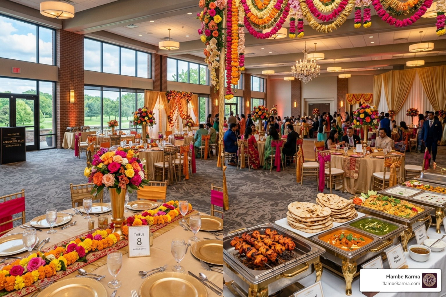 A beautifully decorated wedding banquet hall in Buffalo Grove ready for Indian catering - Indian catering Buffalo Grove