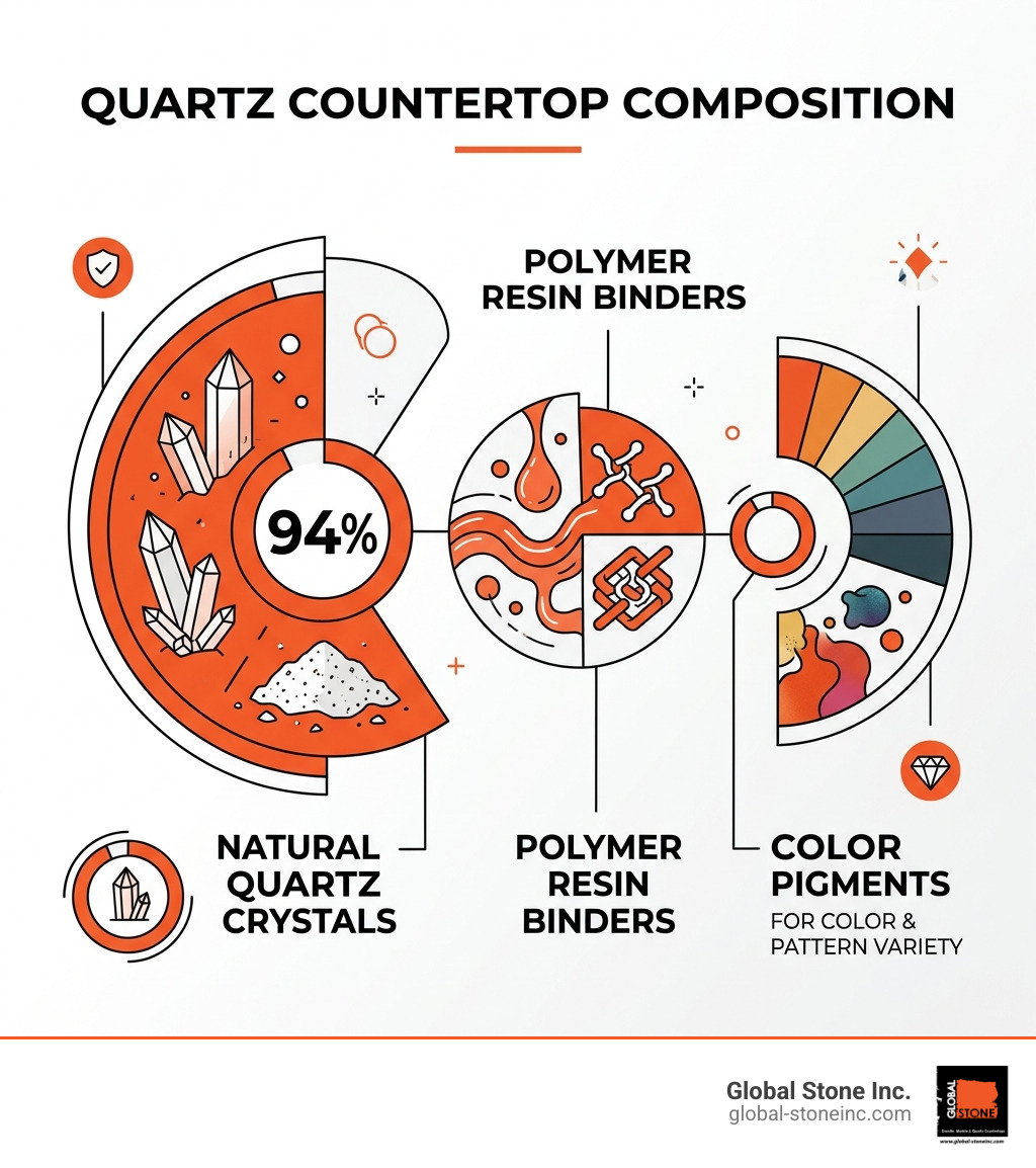 Quartz countertop composition infographic showing 94% quartz crystals, resin binders, and pigments - quartz countertops