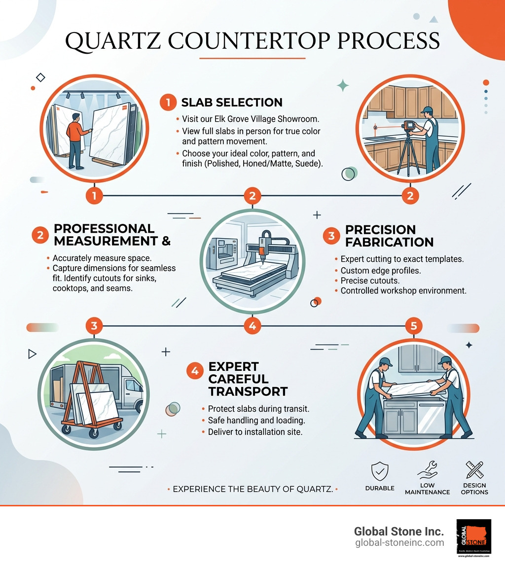 Infographic showing the 5-step process from slab selection to professional installation - quartz countertops infographic 