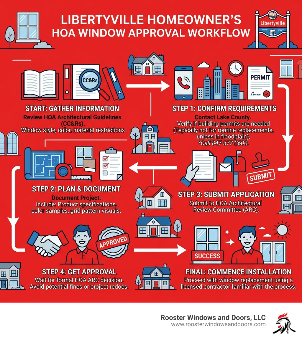 HOA window approval workflow infographic for Libertyville homeowners - HOA Approved Windows Libertyville infographic HOA window approval workflow infographic for Libertyville homeowners - HOA Approved Windows Libertyville infographic