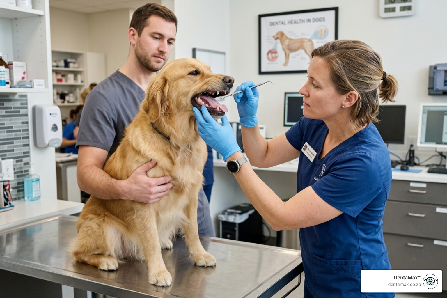 Veterinarian examining a dog's mouth and checking for signs of systemic illness like jaundice or dehydration - causes of