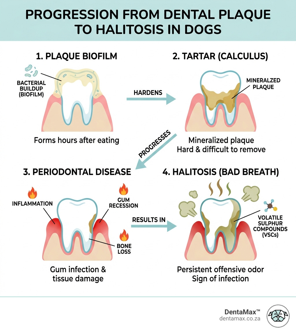 Infographic showing progression from plaque biofilm to tartar to periodontal disease to halitosis in dogs - causes of