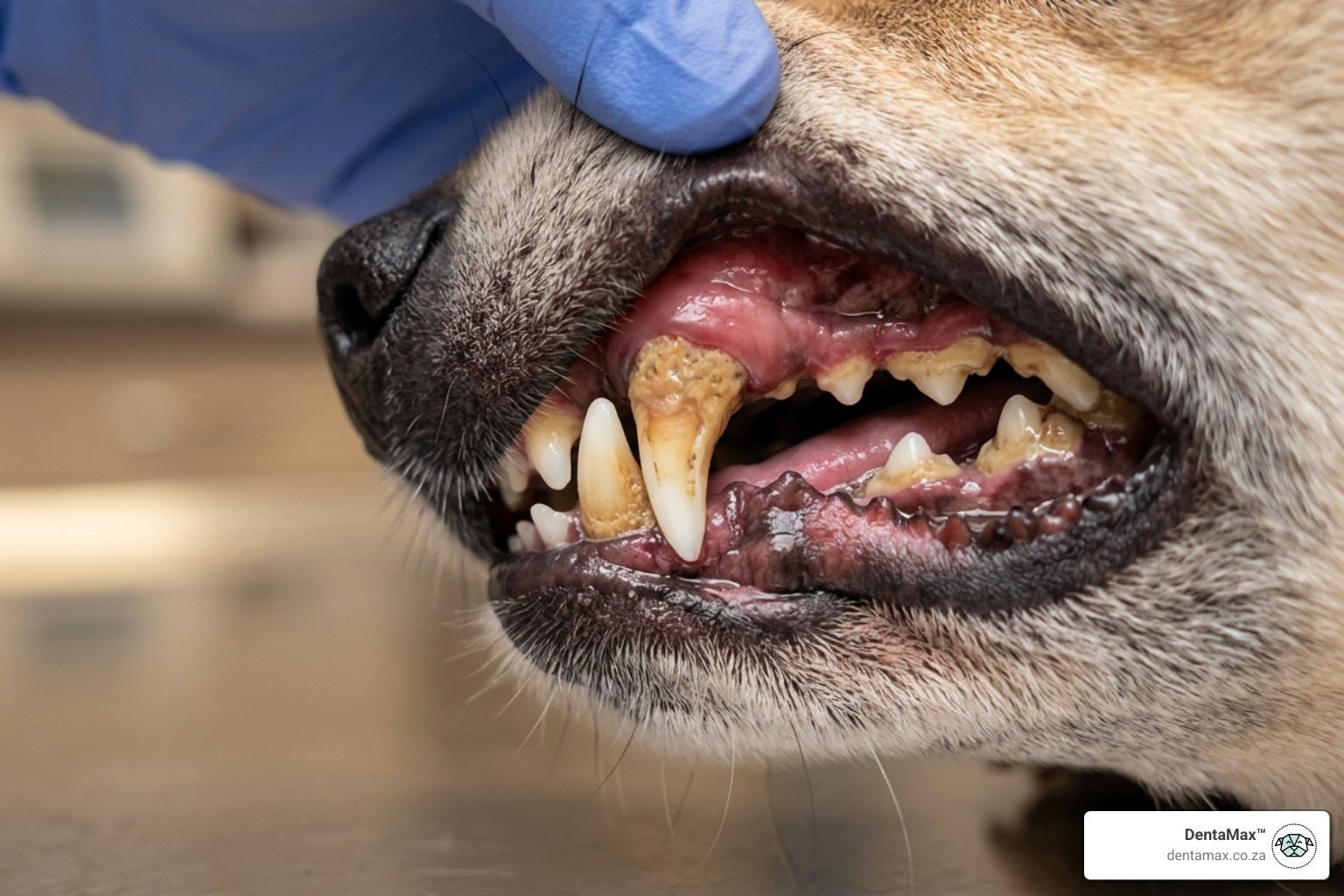 Plaque and tartar buildup on canine carnassial teeth showing brown mineralisation at the gum line - causes of halitosis in