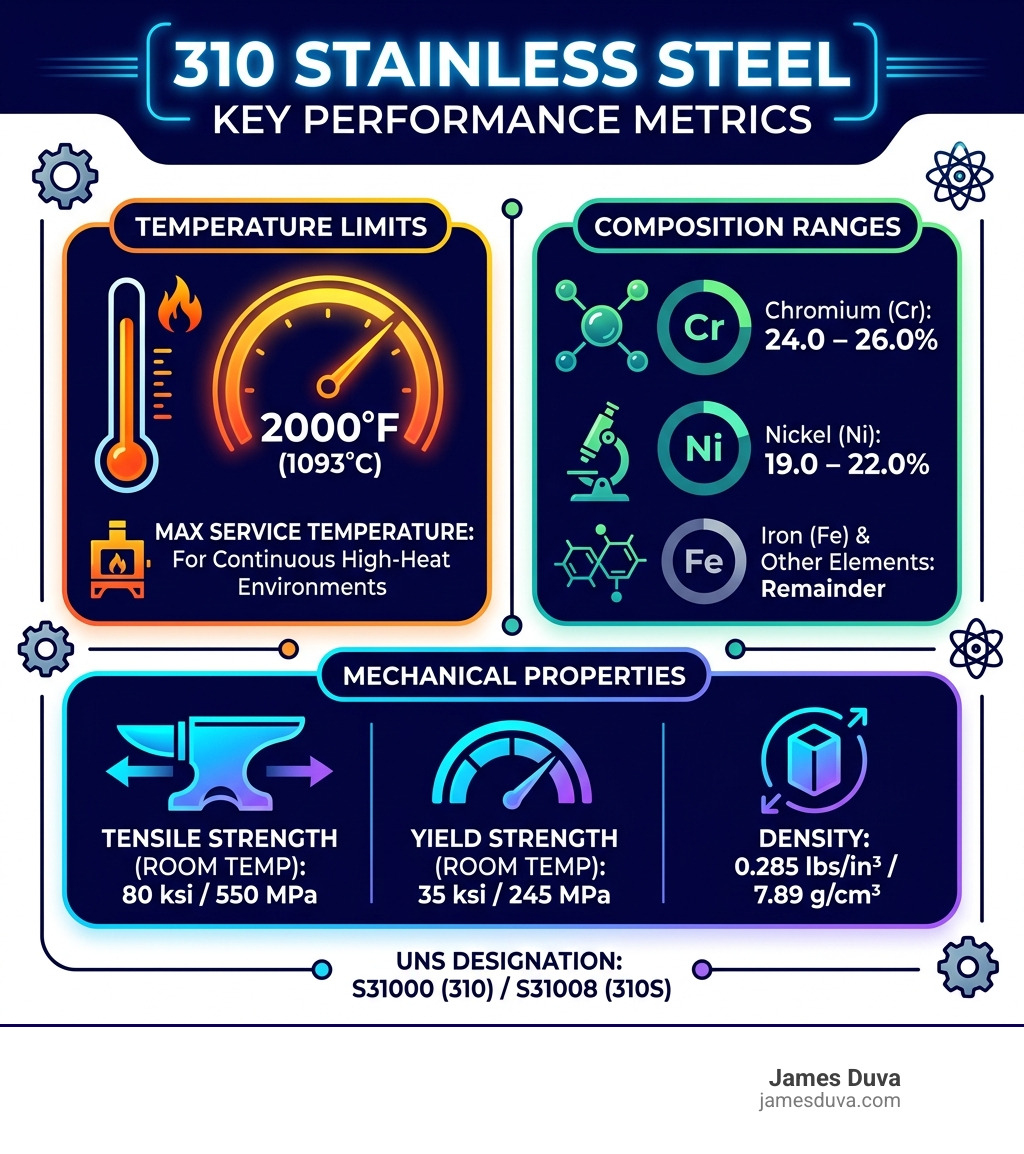 Infographic showing 310 stainless steel key performance metrics including temperature limits, composition ranges, and