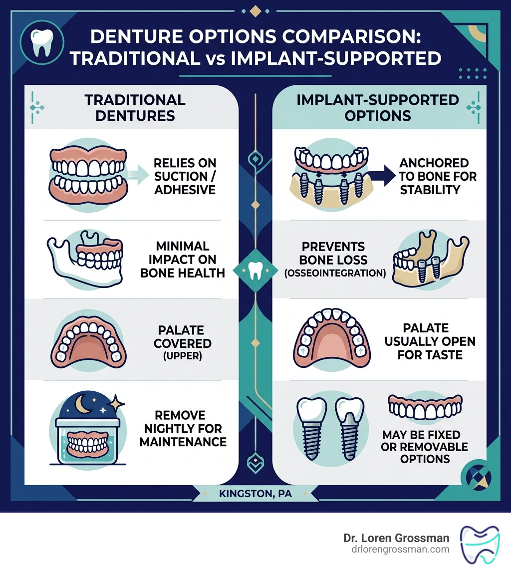 Infographic comparing traditional dentures and implant-supported options - Dentures Kingston PA infographic 