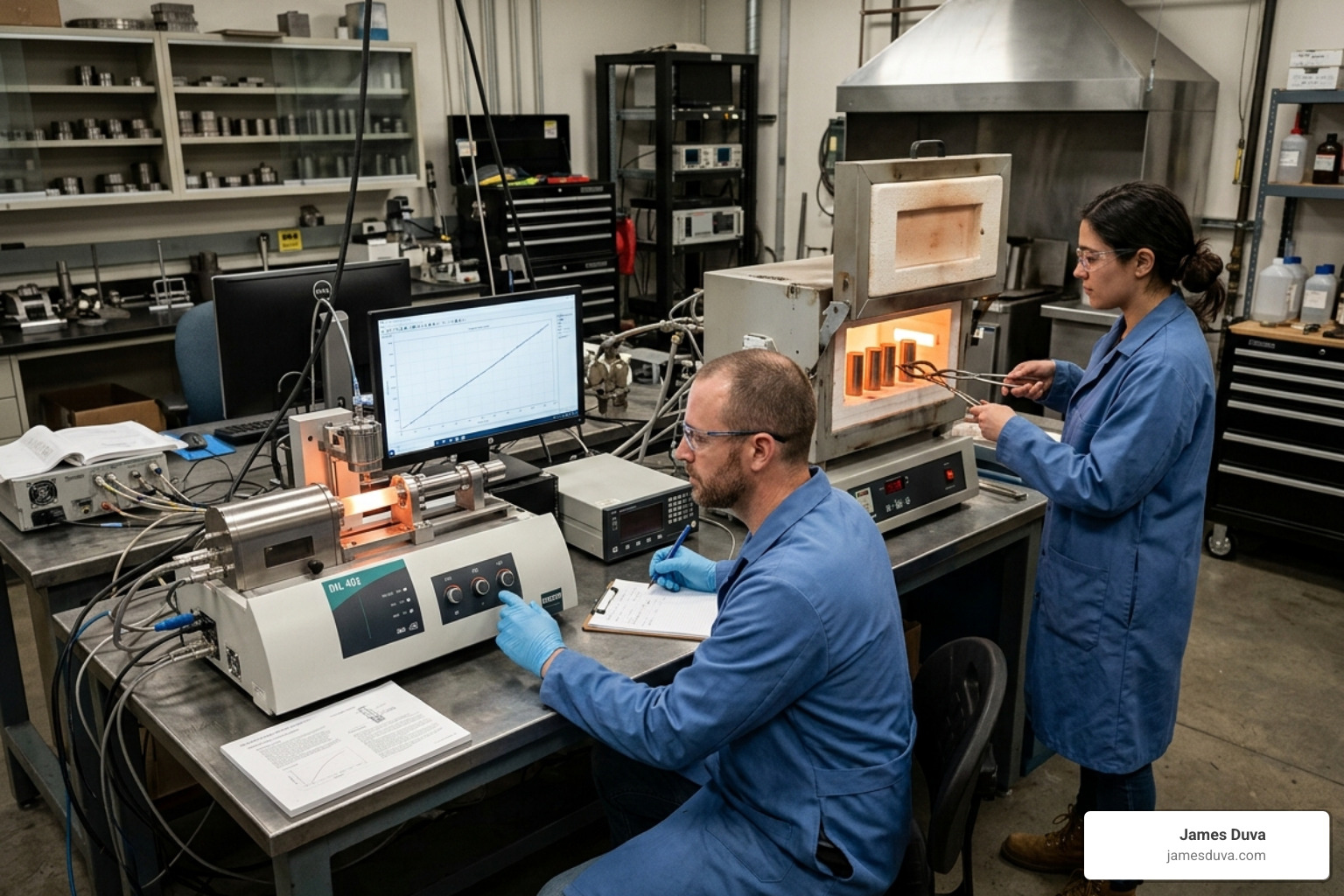 Engineers performing thermal expansion testing on high-temperature stainless steel components - 310 stainless steel
