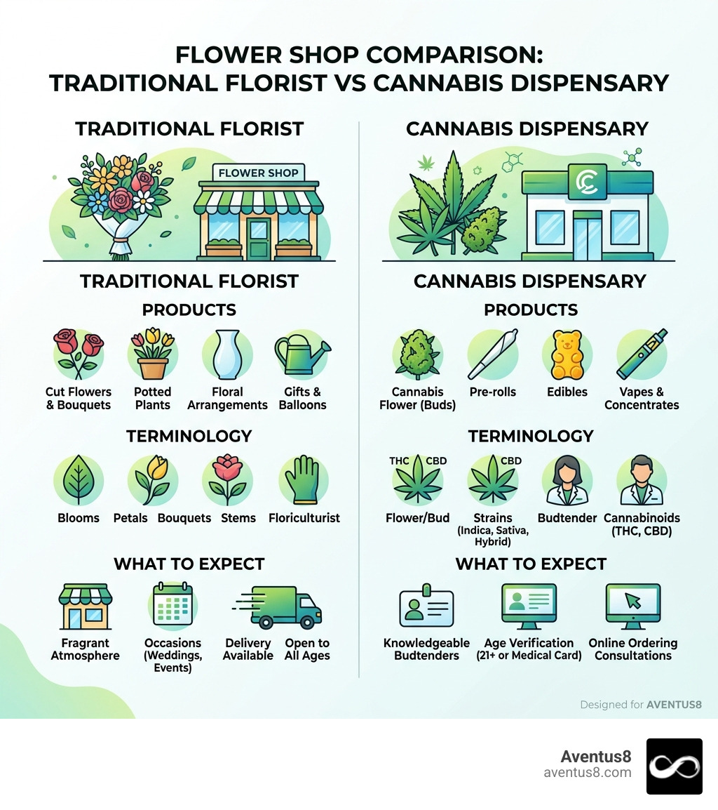 Infographic comparing traditional florists vs cannabis flower shop dispensaries: products, terminology, and what to expect Infographic comparing traditional florists vs cannabis flower shop dispensaries: products, terminology, and what to expect