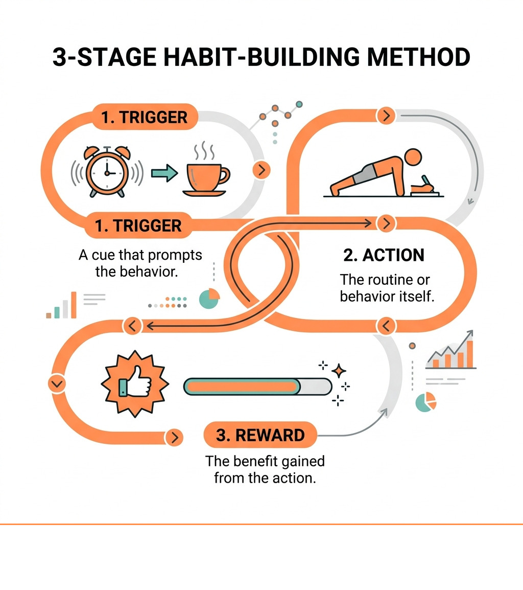 Infographic showing the 3-stage habit-building method: Trigger, Action, Reward - awesome habits app infographic Infographic showing the 3-stage habit-building method: Trigger, Action, Reward - awesome habits app infographic