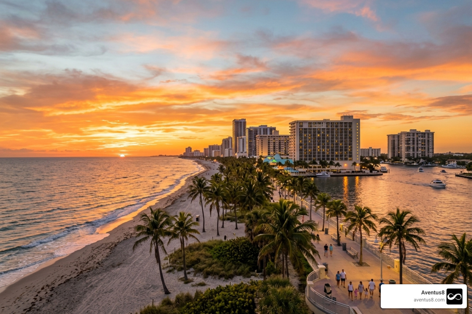 Hollywood Florida skyline at sunset with palm trees and coastal views - flower shop dispensary Hollywood Florida skyline at sunset with palm trees and coastal views - flower shop dispensary