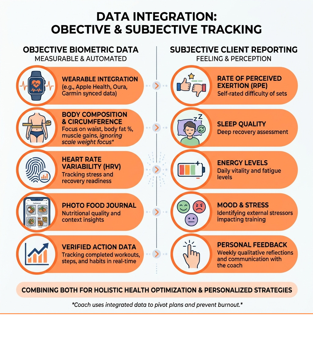 Comparison of objective biometric data versus subjective client reporting - personalized progress tracking coach infographic 