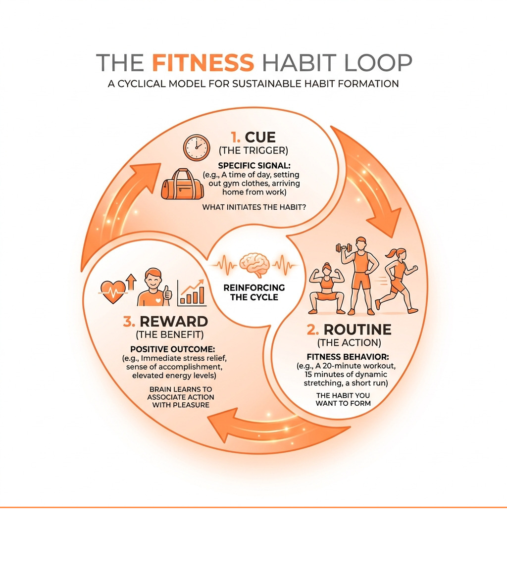 Habit loop diagram showing cue, routine, and reward cycle for fitness habit formation - sustainable fitness habit coaching Habit loop diagram showing cue, routine, and reward cycle for fitness habit formation - sustainable fitness habit coaching