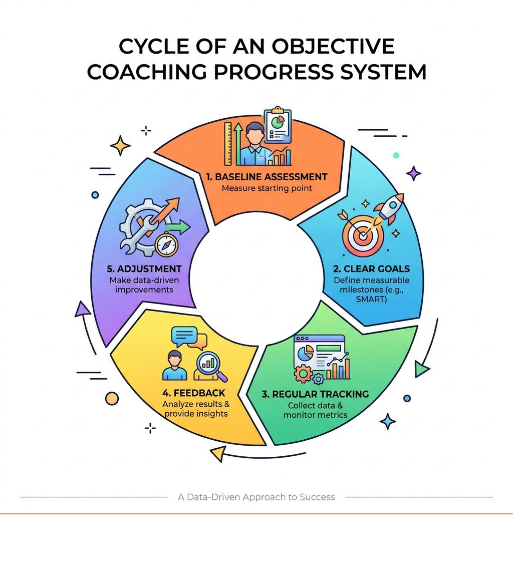 Cycle of an objective coaching progress system: baseline, goals, tracking, feedback, adjustment - objective coaching Cycle of an objective coaching progress system: baseline, goals, tracking, feedback, adjustment - objective coaching