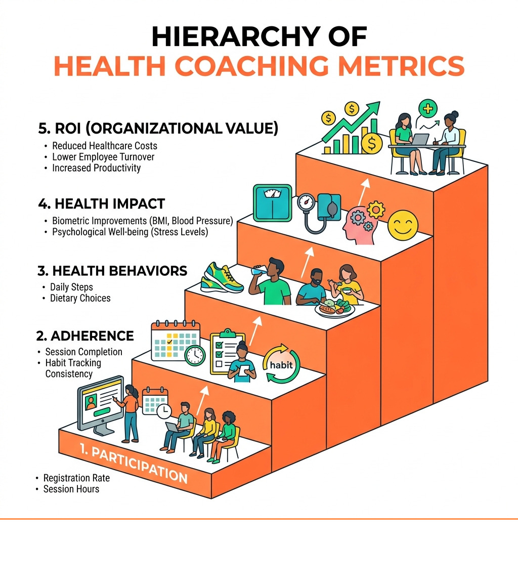 Hierarchy of health coaching metrics from participation to health impact to ROI - objective health coaching metrics Hierarchy of health coaching metrics from participation to health impact to ROI - objective health coaching metrics