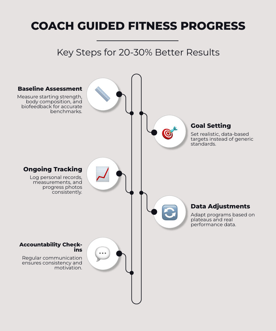 Infographic: consistent fitness tracking leads to 20-30% better results; key steps in coach-guided progress - coach guided Infographic: consistent fitness tracking leads to 20-30% better results; key steps in coach-guided progress - coach guided