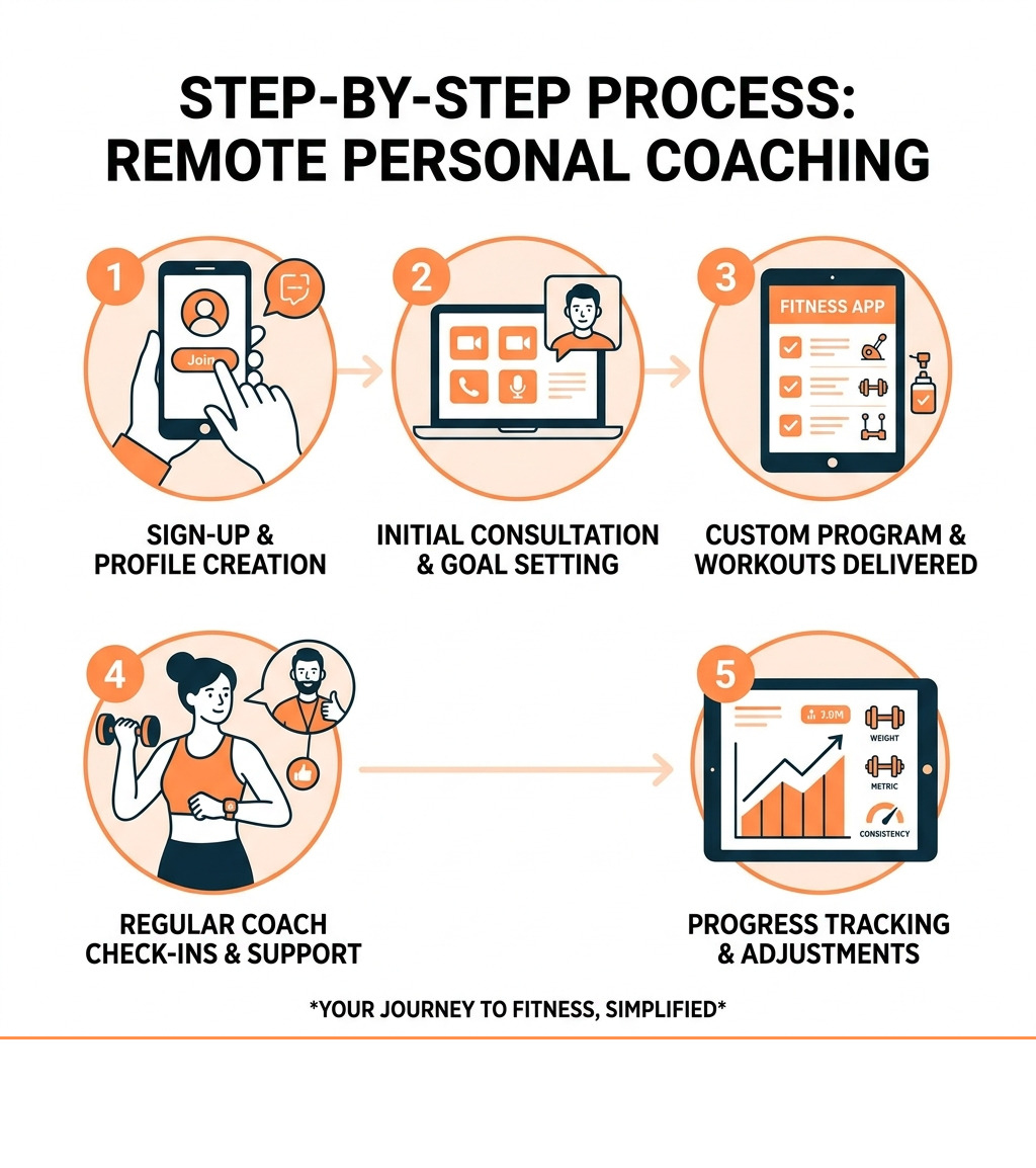 Step-by-step process of how remote personal coaching works from sign-up to progress tracking - online personal training