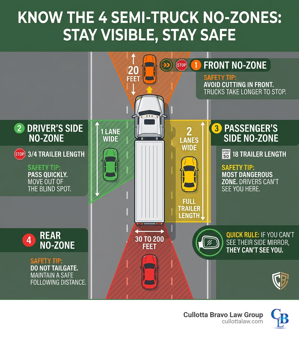 Infographic showing four No-Zones around 18-wheeler with measurements and safety tips - semi truck blind illustration Infographic showing four No-Zones around 18-wheeler with measurements and safety tips - semi truck blind illustration