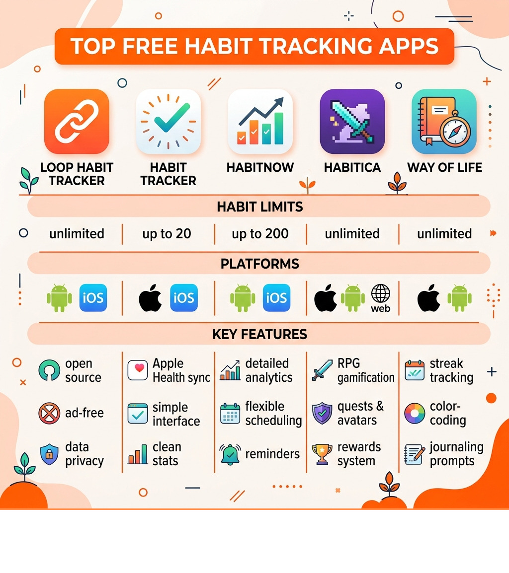 Comparison of top free habit tracking apps showing habit limits, platforms, and key features - best habit tracking app free
