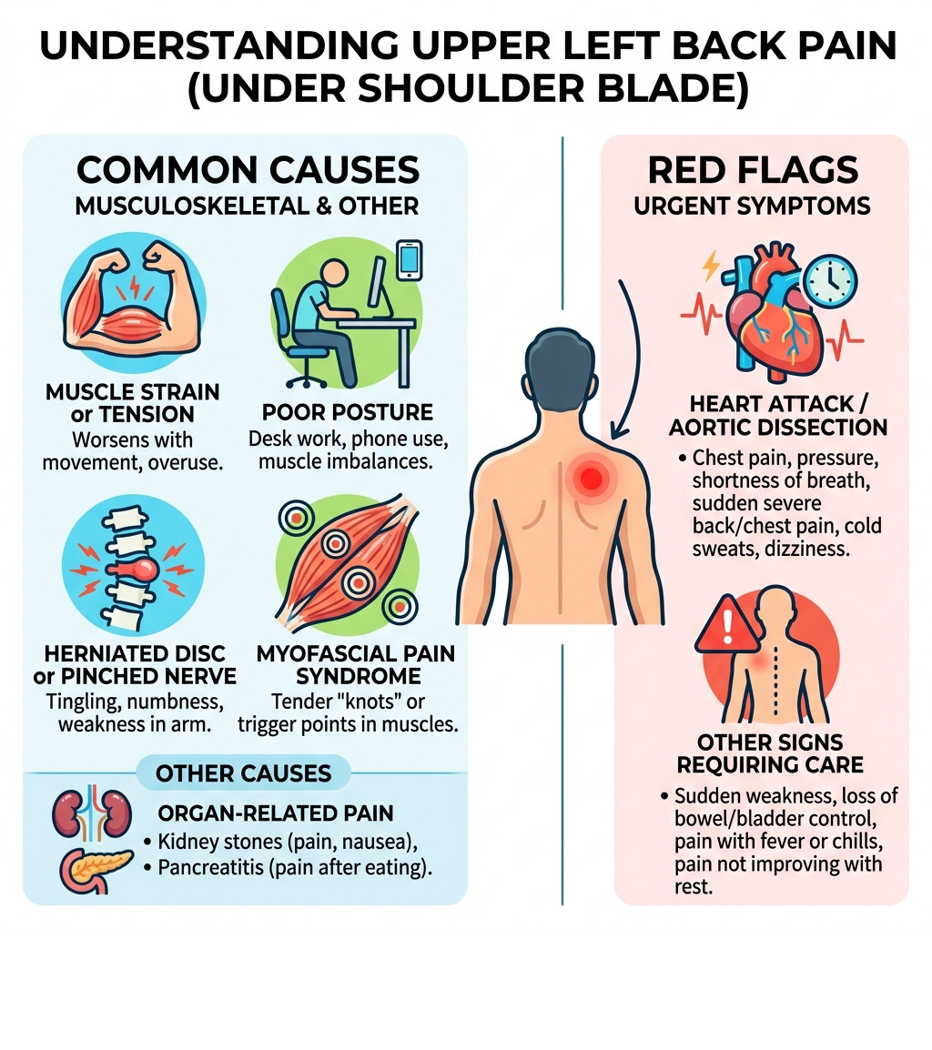 Common causes and red flags of upper left back pain under shoulder blade infographic - pain in upper back left side under