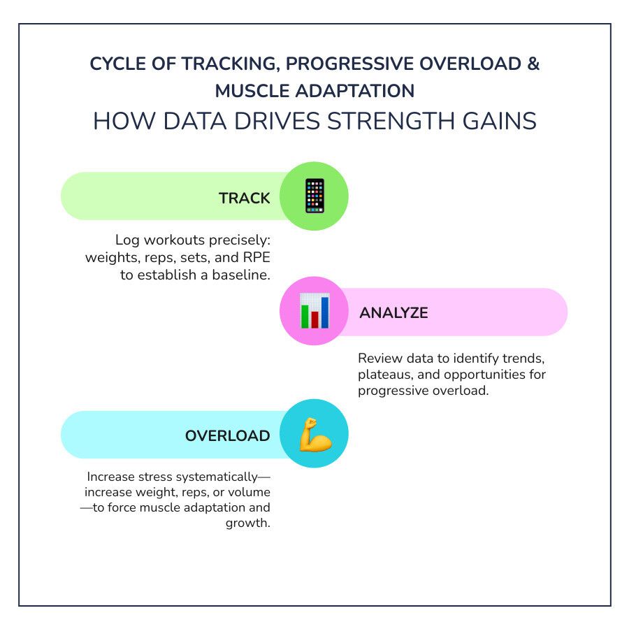 Cycle of tracking, progressive overload, muscle adaptation, and strength gains in a strength program - progress tracking Cycle of tracking, progressive overload, muscle adaptation, and strength gains in a strength program - progress tracking