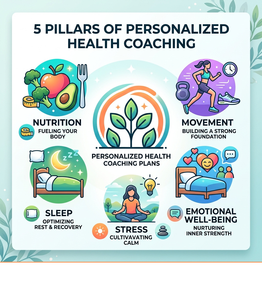 5 pillars of personalized health coaching: nutrition, movement, sleep, stress, emotional well-being - personalized health