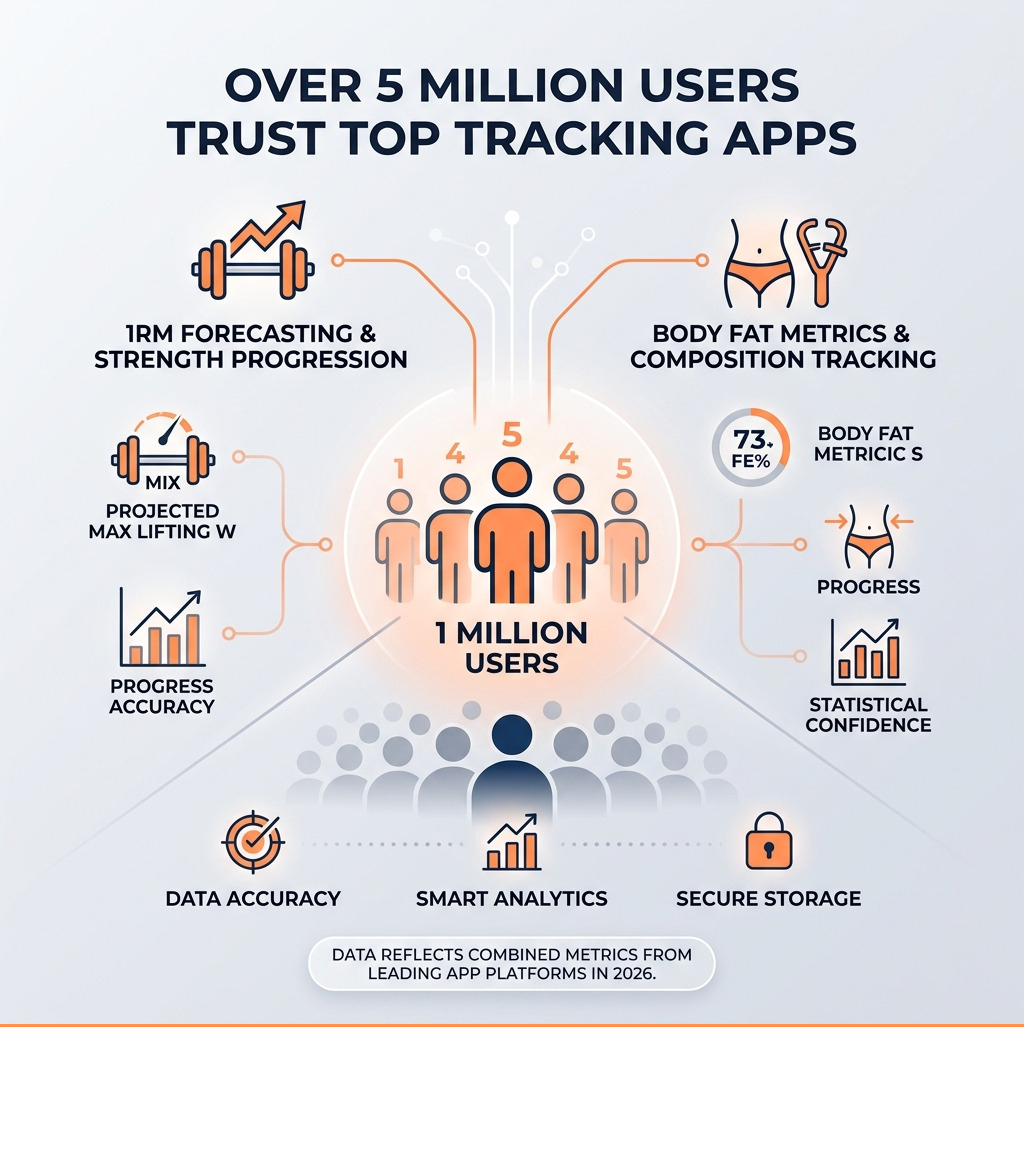Infographic showing 5 million users trust top tracking apps for 1RM and body fat metrics - progress tracking strength Infographic showing 5 million users trust top tracking apps for 1RM and body fat metrics - progress tracking strength