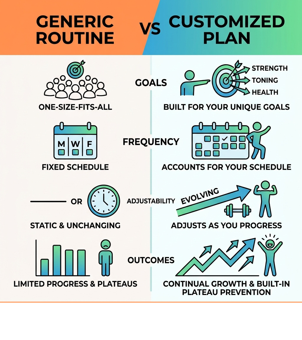 Infographic comparing generic vs customized strength training plans: goals, frequency, adjustability, and outcomes