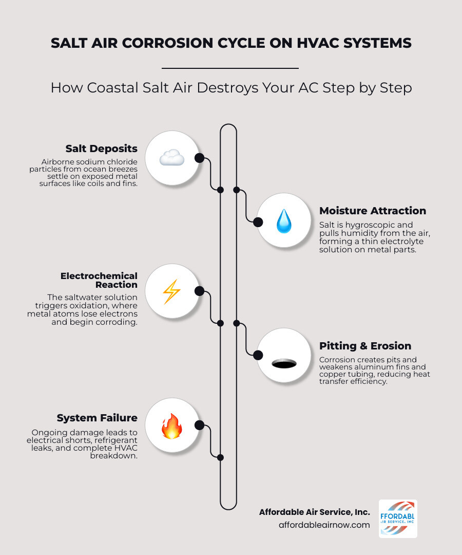 Infographic showing the salt air corrosion cycle on HVAC systems step by step - how salt air affects your hvac equipment Infographic showing the salt air corrosion cycle on HVAC systems step by step - how salt air affects your hvac equipment