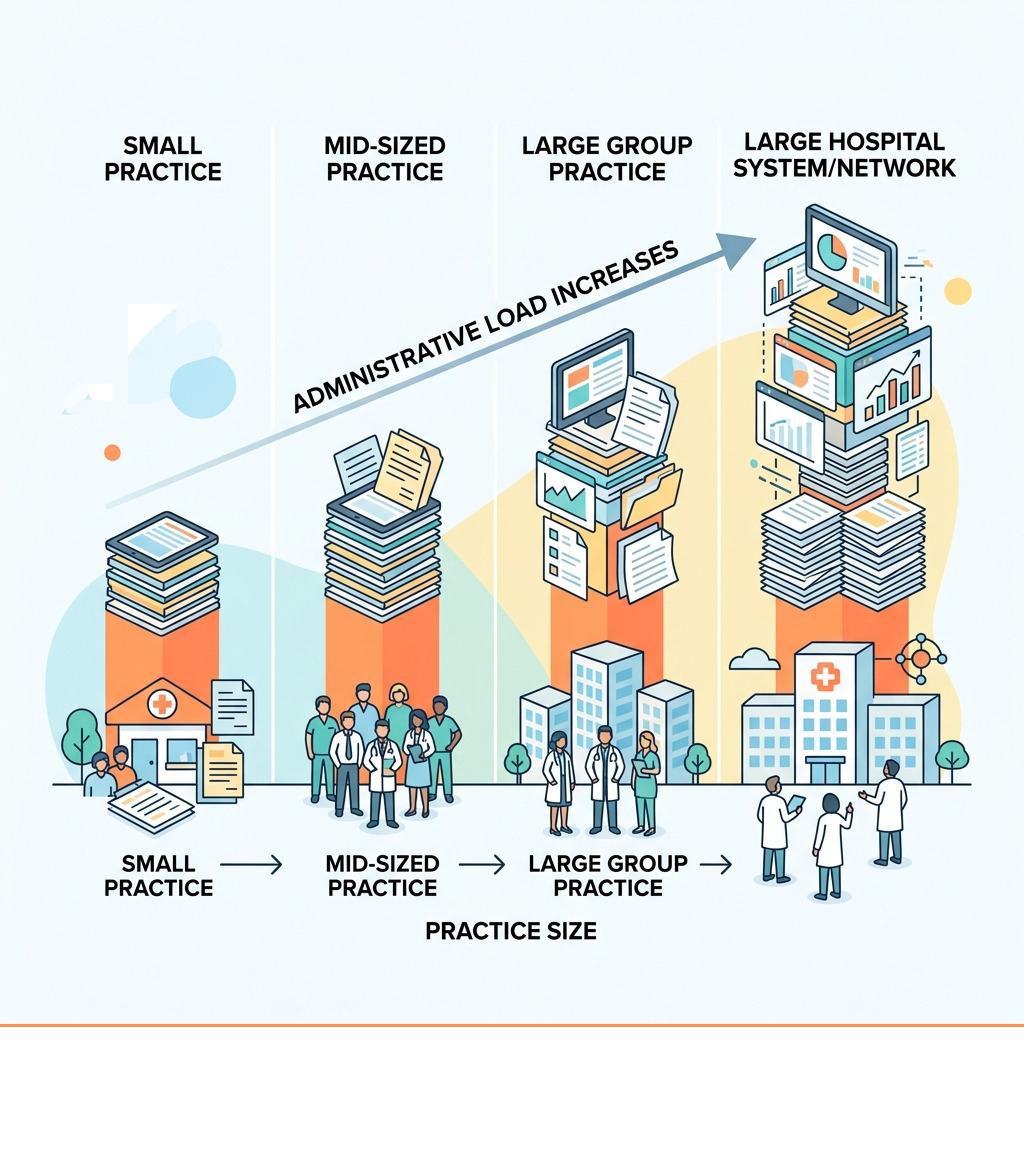 Clinician administrative load by practice size - progress tracking health plans infographic Clinician administrative load by practice size - progress tracking health plans infographic