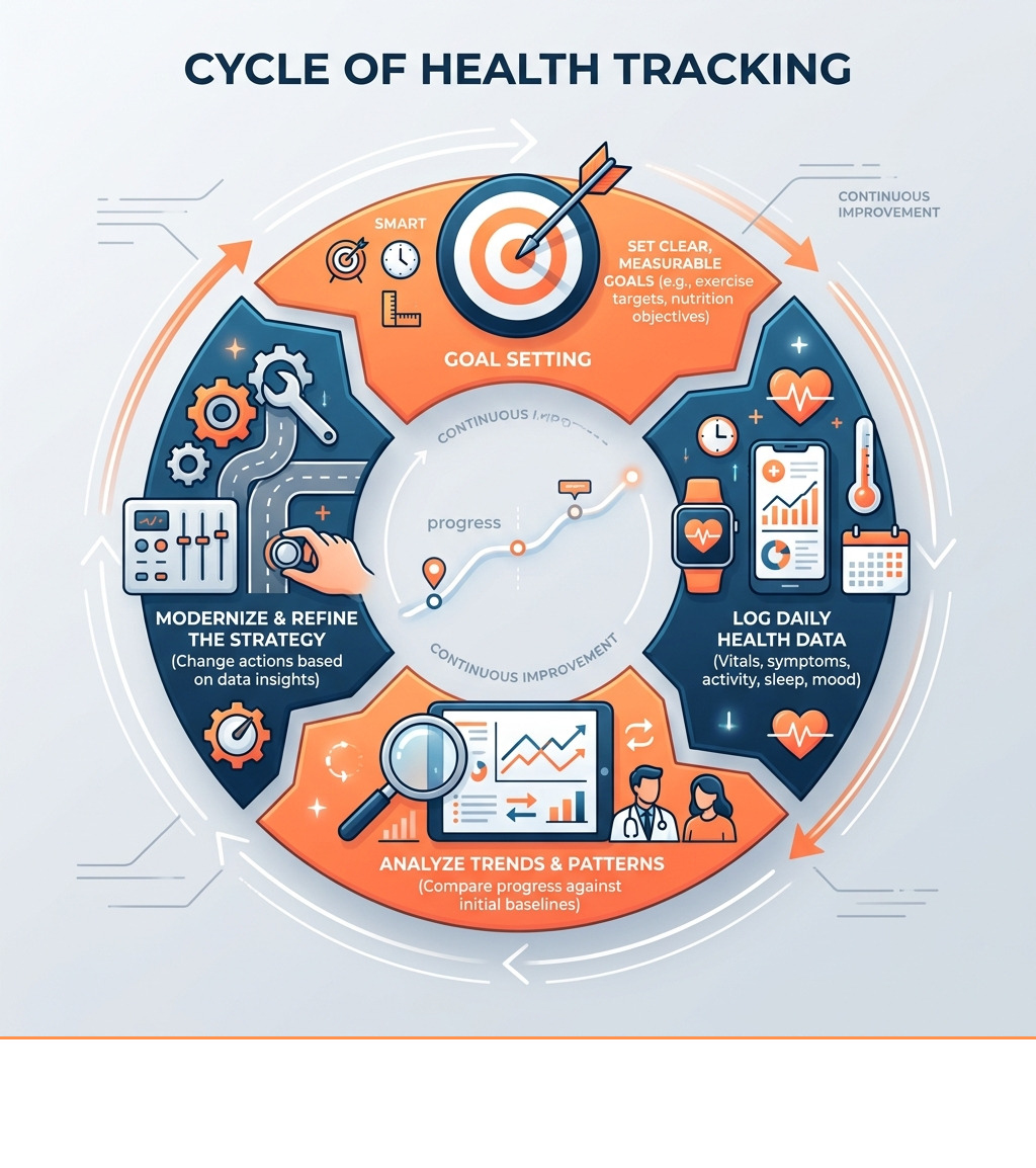 Cycle of health tracking: goal setting, data collection, review, and plan adjustment - progress tracking health plans Cycle of health tracking: goal setting, data collection, review, and plan adjustment - progress tracking health plans