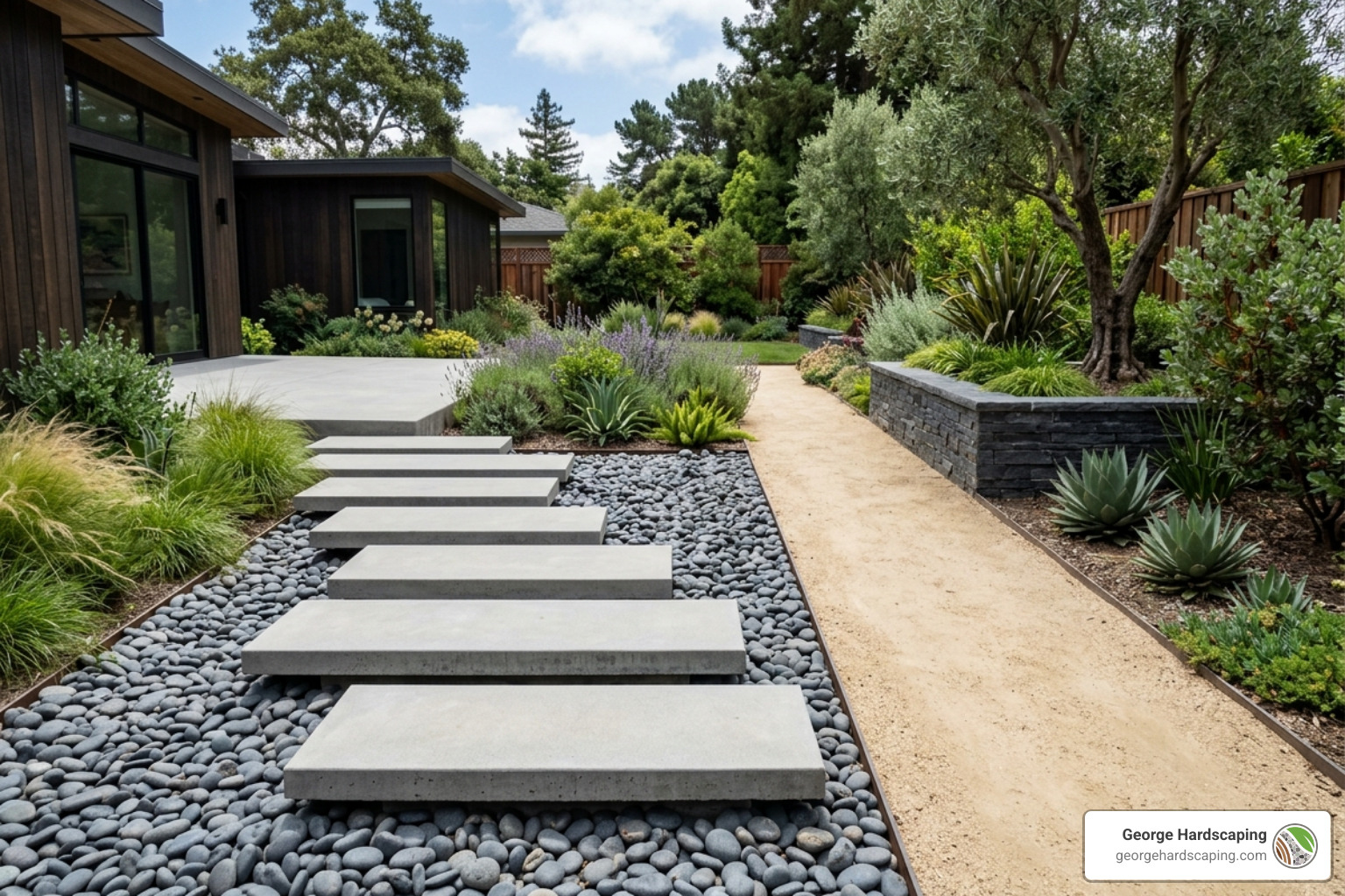 A modern minimalist garden with floating concrete steps and a decomposed granite path - walkways and steps A modern minimalist garden with floating concrete steps and a decomposed granite path - walkways and steps
